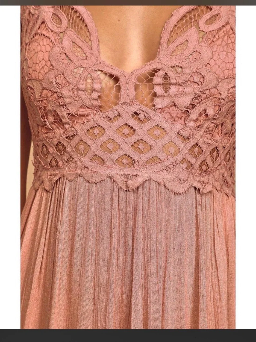 Free People Adella Maxi Slip Dress in a dusty rose color, featuring a crocheted